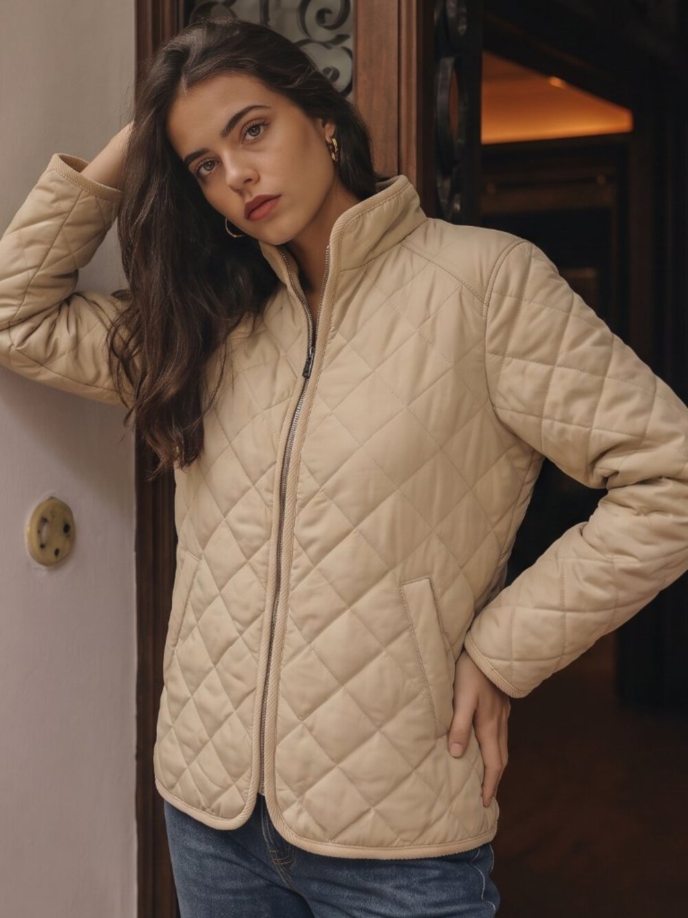 Lauren Ralph Lauren Petite Tan Zip Front Quilted Jacket